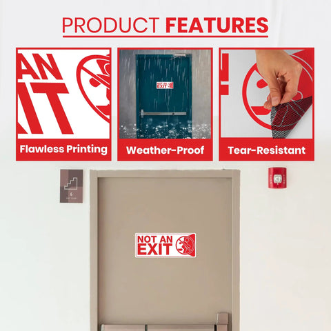 Close-up of Not an Exit Sign Sticker, showcasing durability and placement on office door, part of 6 Pack, 10x4 inch decals.
