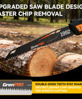 Folding Pruning Saw With 7 Inch SK5 Steel Blade Triple Ground 7TPI Teeth 3 Angle Lock Non Slip Handle Portable Hand Saw For Tree Trimming Camping Gardening Landscaping shown cutting log outdoors.