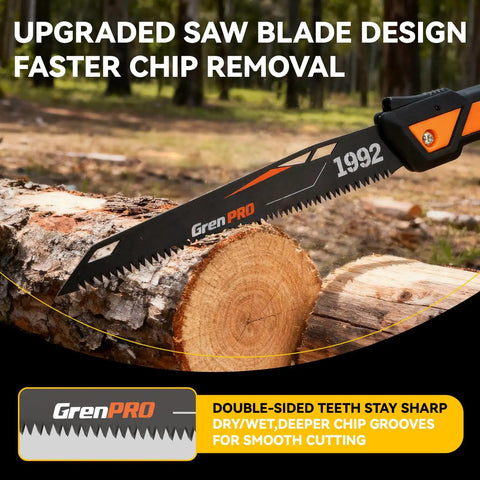 Folding Pruning Saw With 7 Inch SK5 Steel Blade Triple Ground 7TPI Teeth 3 Angle Lock Non Slip Handle Portable Hand Saw For Tree Trimming Camping Gardening Landscaping shown cutting log outdoors.