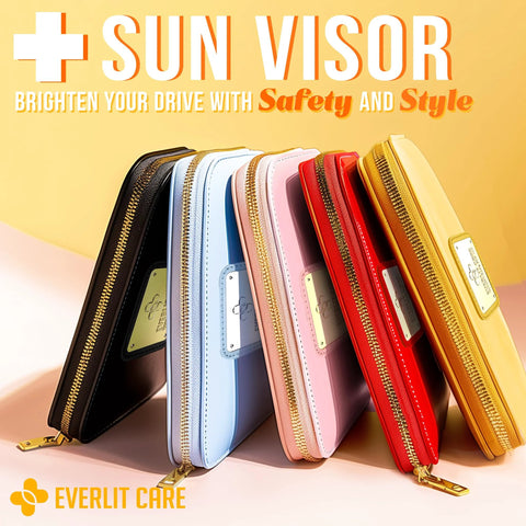 Everlit Care zippered car travel pouches in assorted colors with gold zippers and logo