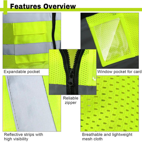 20 Pack Reflective Safety Vests With Pockets, High Visibility Mesh Construction Vests For Men And Women, Neon Yellow, Size Large