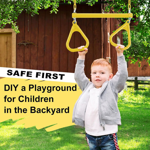 Child playing on Backyard Trapeze Swing Bar Sixteen Point Five Inch With 47 Inch Coated Chains And Two Snap Hooks Easy Install Swingset Accessory Kid And Adult Friendly Heavy Duty Outdoor Swing Set Attachment For Family Fun