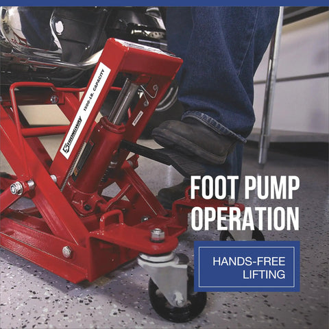 Heavy Duty Hydraulic Motorcycle Lift And Utility Vehicle Stand With 1500 Lb Capacity Smooth Glide Pump Rock Solid Steel Frame Tough Paint Job For Garage Mechanics And Bike Lovers