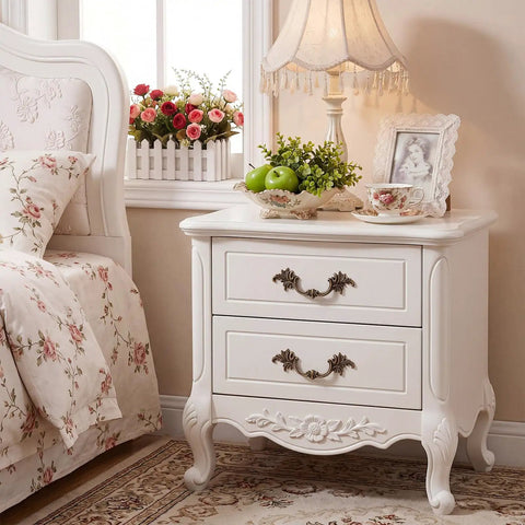 White nightstand with antique brass cabinet pulls, floral decor, and vintage photo frame