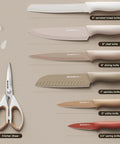 Workhorse 13 Piece Kitchen Knife Set With Anti Rust Coating Keeps Blades Sharp Dishwasher Safe Stainless Steel Includes Chef Slicing Santoku Bread Utility Paring Blades Plus Kitchen Shears And Six Blade Guards Great Fathers Day Gift showing knives and shears