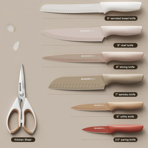 Workhorse 13 Piece Kitchen Knife Set With Anti Rust Coating Keeps Blades Sharp Dishwasher Safe Stainless Steel Includes Chef Slicing Santoku Bread Utility Paring Blades Plus Kitchen Shears And Six Blade Guards Great Fathers Day Gift showing knives and shears