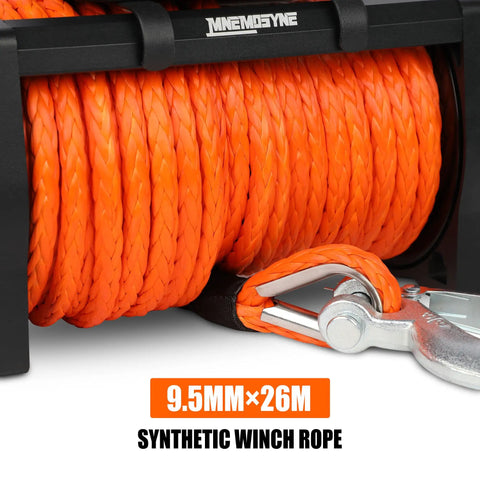 13000 Lbs Electric Winch With Synthetic Rope fits Jeep Truck Trailer UTV ATV, showcasing 9.5mm x 26m orange synthetic rope.