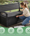 Woman assembling 80 Gallon Outdoor Storage Bench Deck Box Waterproof Resin Lockable UV Resistant Garden Furniture For Porch Patio Poolside Black Cushion Included Weatherproof Durable Easy Assembly For Quick Setup In Any Outdoor Space