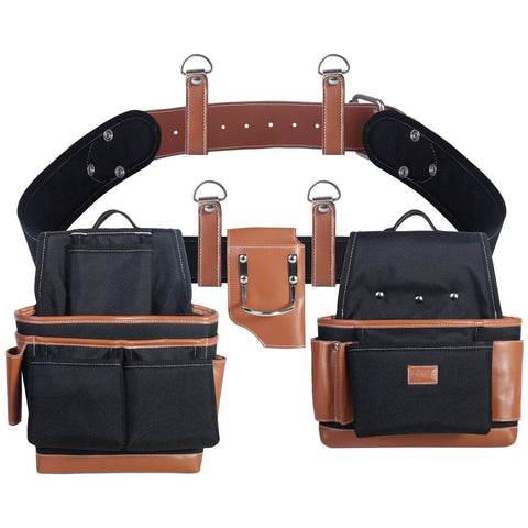 Heavy Duty Electrician And Carpenter Tool Belt With Full Grain Leather, 19 Pouches, Adjustable Suspension, Fits 38 To 48 Inches Waists