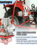24mm PWK Carburetor Intake Manifold Kit on red go-kart engine, highlighting fuel efficiency and performance advantages