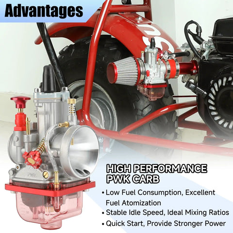 24mm PWK Carburetor Intake Manifold Kit on red go-kart engine, highlighting fuel efficiency and performance advantages