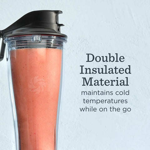 Personal Cup Adapter Kit For Full Size Blenders, BPA Free And Dishwasher Safe, insulated cup with smoothie and lid.