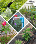 Collage showing use of Two Pack Drip Irrigation Faucet Adapter Kit With 25 PSI Pressure Regulator for garden hose connection.