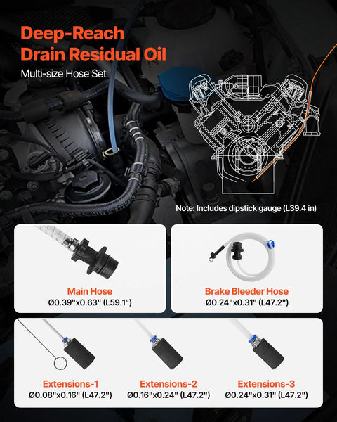 Pro Grade 9.5 Liter Fluid Extractor Pump With Pneumatic Manual Switch And Iron Clad No Drip Seal For Swift Oil Swaps On Cars Trucks Boats Lawnmowers Features multi-size hoses for deep-reach oil draining.