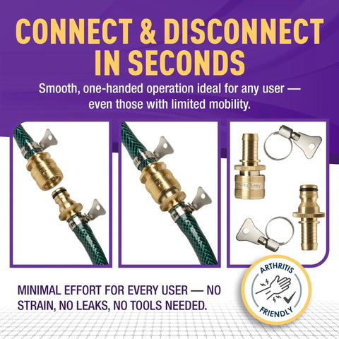 Garden Hose Repair Kit With Inline Quick Connect Fittings For Five Eighth Inch Hose Splice Kit With Male And Female Quick Connectors Includes 2 No Tool Needed Hose Clamps For Easy Leak Free Repairs showing brass connectors and clamps.