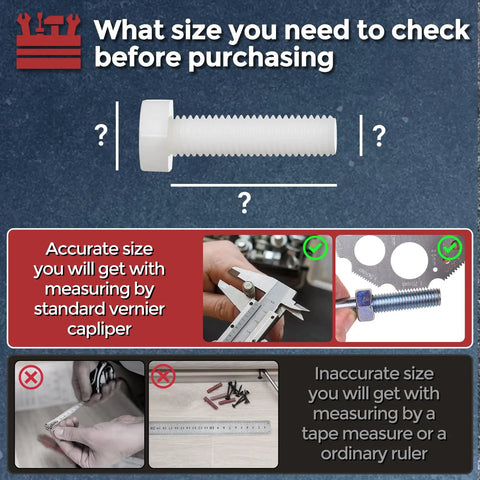 Guidelines for measuring size before purchasing Badass Nylon Hex Bolts And Nuts Kit M5 Fully Threaded Tap Fasteners.