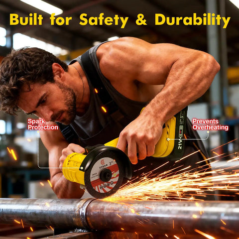 Man using Cordless 21V Mini Angle Grinder Kit With Brushless Motor High Speed Electric Grinder Tool for metal cutting.