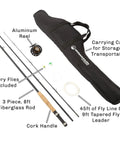 Backpacking Ready 3 Piece Fly Fishing Rod And Reel Starter Kit With 97 Inch Collapsible Fiberglass Rod And Cork Handle Case And Accessories For Travel shown with parts and carrying case.