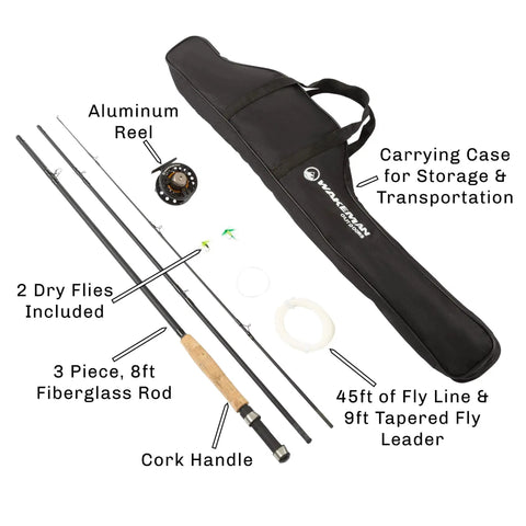 Backpacking Ready 3 Piece Fly Fishing Rod And Reel Starter Kit With 97 Inch Collapsible Fiberglass Rod And Cork Handle Case And Accessories For Travel shown with parts and carrying case.