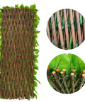 Expandable Faux Ivy Privacy Screen For Outdoor Yards, Patios And Balconies, Artificial Hedge Lattice Fence With Single Sided Leaves In Hydrangea Pink; close-up view of willow wood and leaves