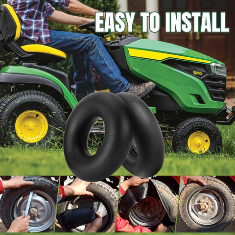 Heavy Duty 15x6.00-6 Inner Tubes Two Pack With Straight Valve Stem shown with lawn mower installation steps