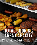 Five Burner Propane Gas Grill With Side Burner In Stainless Steel for patio showing assorted food on grates