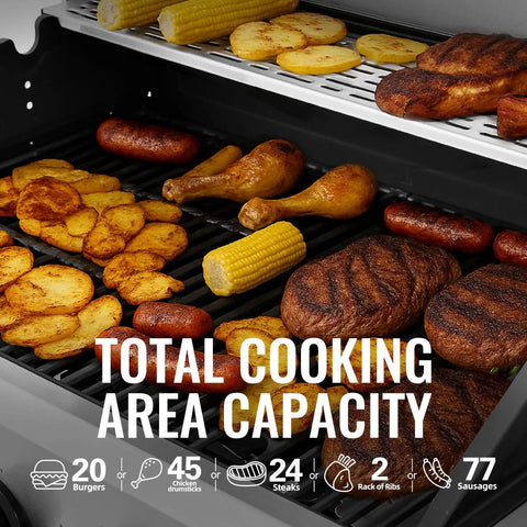 Five Burner Propane Gas Grill With Side Burner In Stainless Steel for patio showing assorted food on grates