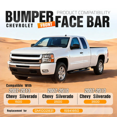 ECOTRIC chrome steel front bumper face bar for 2007–2013 Chevy Silverado 1500/2500/3500 pickup, GM1002831 replacement