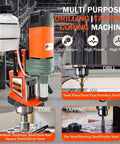 Front view of 1400W magnetic drill press with 2-inch capacity, orange housing and steel base.