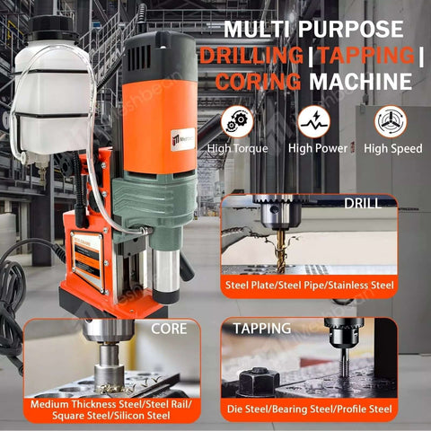 Front view of 1400W magnetic drill press with 2-inch capacity, orange housing and steel base.