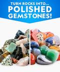 National Geographic rock tumbler grit and polish kit front view with rough rocks left and polished stones right
