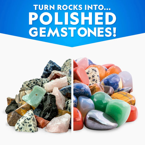 National Geographic rock tumbler grit and polish kit front view with rough rocks left and polished stones right