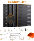 Image of Heavy Duty Metal Peg Board Kit with 110 pieces, showing 4 black 12x16 panels, assorted hooks, and accessories layout.