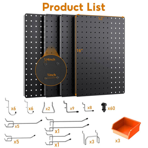 Image of Heavy Duty Metal Peg Board Kit with 110 pieces, showing 4 black 12x16 panels, assorted hooks, and accessories layout.