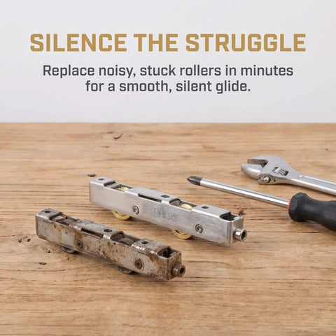 Heavy Duty Sliding Door Rollers Replacement Kit With Silent Stainless Steel Bearings For Silky Glass Track Glide showing old and new rollers.