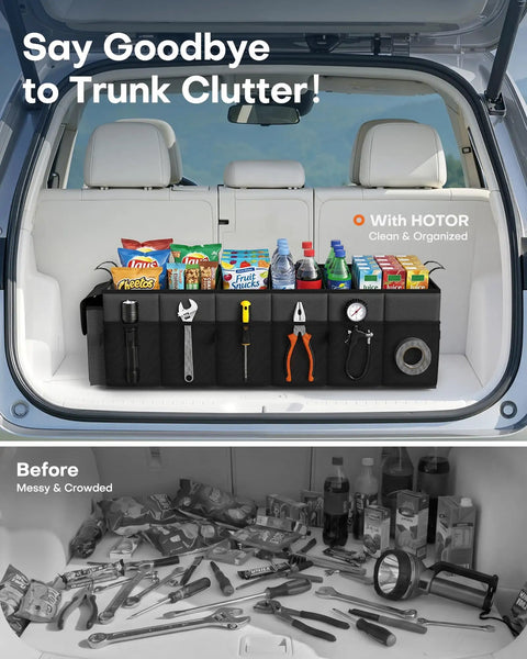 Trunk Organizer With Built In Cooler Bag For Cars And SUVs, Heavy Duty Foldable Storage showing organized tools and snacks.