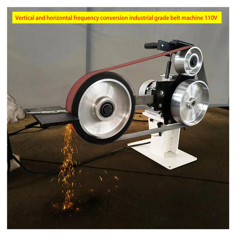 Heavy-Duty Shop Beast 71 Inch Belt Grinder Vertical And Horizontal Modes With Stepless Speed Adjustment Up To 2840 RPM Comes Loaded With Three Grinding Wheels For Tough Jobs 1500W 110V Powered, showing grinding wheel in action.