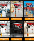 Heavy Duty 480W Mini Electric Hoist With Emergency Stop Button For Garage And Warehouse Use portable 110V winch lifter in various settings.