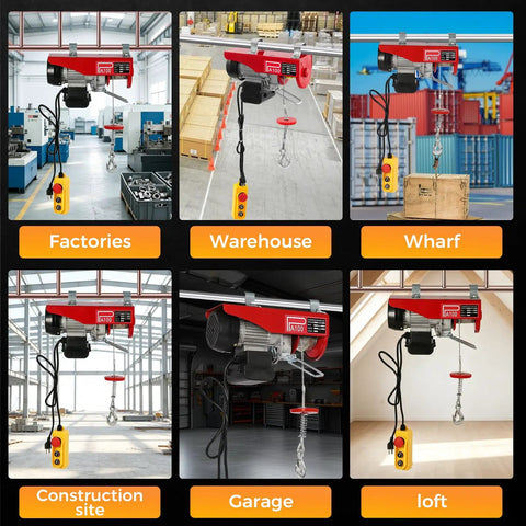 Heavy Duty 480W Mini Electric Hoist With Emergency Stop Button For Garage And Warehouse Use portable 110V winch lifter in various settings.