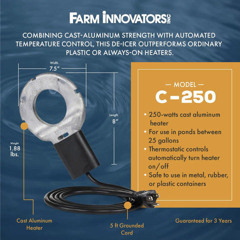 Utility Deicer For Up To 25 Gallon Water Containers With 250W Thermostatically Controlled Heater Cast Aluminum Ice Chaser Design