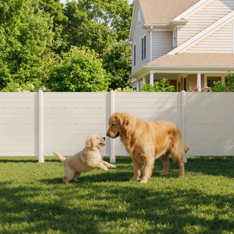 Golden retrievers playing in front of Lightweight PVC Privacy Fence Panels Set 48W By 45.4H Inches, 2 Panels in backyard.