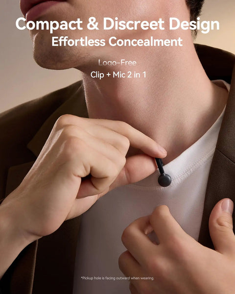 Close-up of person adjusting Lark M2S Wireless Microphone Bundle For iPhone Camera Android And PC with titanium clip on shirt
