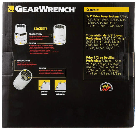 Packaging of 14 Piece Half Inch Drive 12 Point Deep Socket Set SAE with Surface Drive Technology showing socket details and contents.
