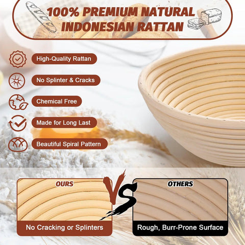 Comparison of high-quality Indonesian rattan proofing baskets from the All In One Sourdough Starter Kit with enamel pot.