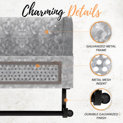 Close-up details of Galvanized Toilet Paper Holder With Shelf For Farmhouse Bathroom Decor showing metal frame and finish