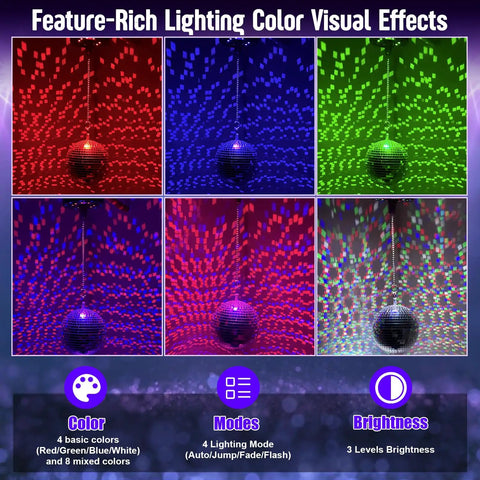 Lit Rotating 6 Inch Mirror Ball Party Light With Motor, showcasing RGBW color modes and lighting effects in the image.