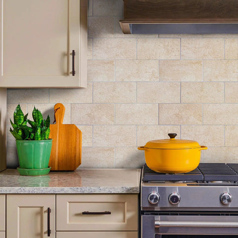 Peel And Stick Stone Tile Backsplash Kit, 10 Sheets, Subway Roman Travertine Veneer in kitchen installation, no grout needed