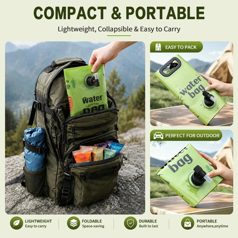 2 Gallon Collapsible Camping Water Container With Spout being packed into a hiking backpack