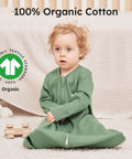 Toddler wearing green Cozy Sleeved Baby Sleep Sack For 0 To 6 Months Lightweight 0.5 Tog Wearable Blanket Made From 100 Percent Cotton