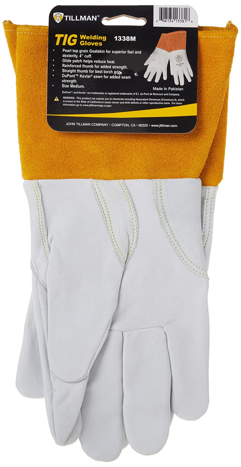 1338M Goatskin Tig Glove With Cuff Medium White Gold Welders Gear Pro Grade Heavy Duty Tig Welding Glove For Precision Work